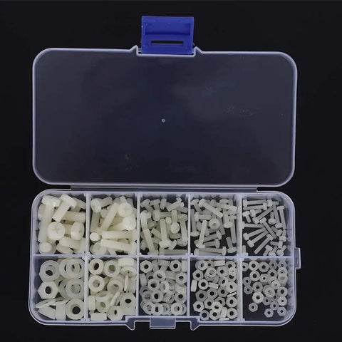270 Piece Nylon Screw Set In Resealable Box, Assorted White Nylon Fasteners For DIY Projects, Easy To Tighten And Loosen Threads, Ultra Tough, Reliable Quality, Long Lasting Use, Handy Storage Box Included, open box with assorted nylon screws, nuts, and washers