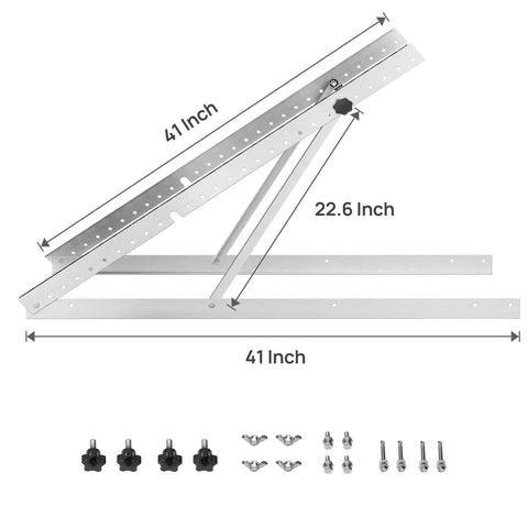 41 Inch Solar Panel Tilt Mount Brackets with U Shaped Design, adjustable legs, aluminum construction, and included bolts and nuts displayed.