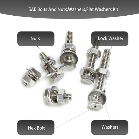 Front view of LUPANTER stainless steel hex bolts, nuts, washers and lock washers in a plastic box kit.