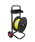 Top Shelf Banding Strapping Cart For Steel And Poly Strap Rolls with yellow strap reel, sturdy metal construction, and tool bin.