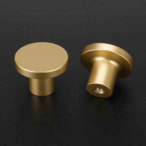 Matte Black Cabinet Knobs 10 Pack Round Mushroom Style Drawer Handles For Kitchen Cabinets Doors Dressers And Bathrooms Durable Aluminum Alloy Hardware With Slick Finish Diameter 1.18 In Height 0.86 In Base 0.59 In in gold finish, two knobs on black background