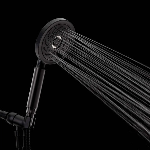 Neo Exhilaration High Pressure Handheld Shower Head With 2 GPM Flow Matte Black Adjustable Spray showing water streams