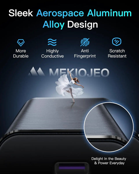 Close-up of sleek aluminum top of All In One 12 Port Aluminum GaN Charging Station 380W Fast USB C Charger Block with text detailing features.
