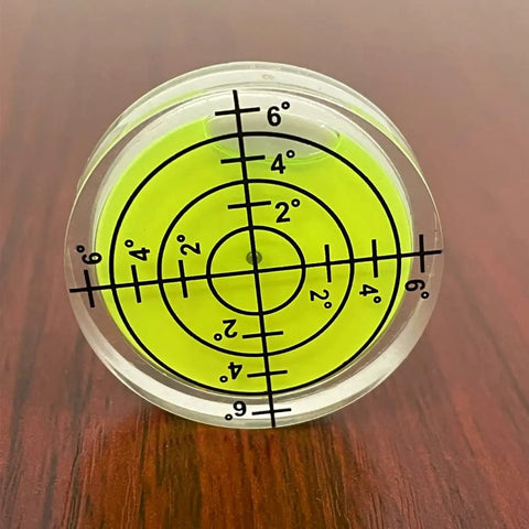 Six Pack Small Circular Bubble Spirit Levels With Double Sided Adhesive Foam Tape Mounting For RVs Round Levelers Easy Sticky Back Bubble Level Measuring Tool 32x7mm on wood surface