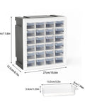 Front view of 24 Drawer Plastic Parts Cabinet Organizer for Tools and Hardware, Stackable Wall Mount Storage Box with measurements.