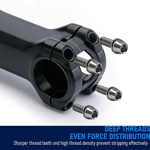 Six Piece Pro Grade Titanium Stem Bolt Kit With Blue Tapered Head Washers M5x20mm Allen Hex 4mm 8.5mm Head Diameter 0.8mm Pitch Grade 5 Titanium Corrosion Resistant Lightweight Bicycle Stem Hardware Upgrade installed on black bike stem close-up