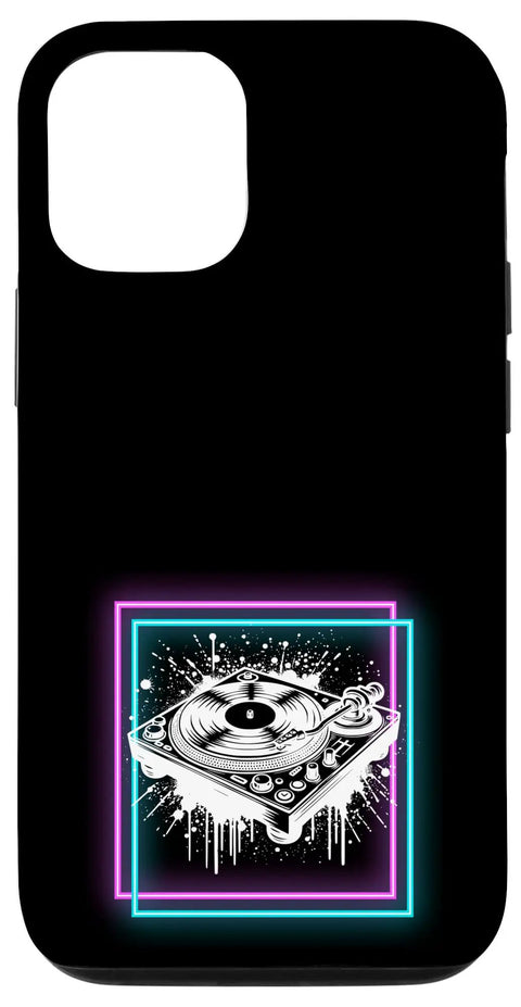 Phone Case For 12 And 12 Pro With DJ Turntable EDM Design Rave Club Vibe For Music Lovers And DJs Perfect Nightlife Accessory For Techno House Fans Dope Bold Colorful Shield That Keeps Your Phone Safe showing front view of DJ turntable graphic on black case.