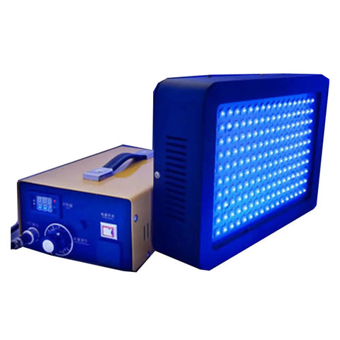 Pro Grade 1500W UV Resin Curing Light With Smooth Stepless Dimming And Hella Fast Shadowless 365Nm 395Nm Rays, view showing blue LED panel and control unit.