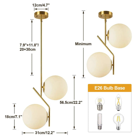 Two Light Glass Globe Pendant Light In Brushed Brass Gold Finish Modern Mid Century Style dimensions and bulb base details