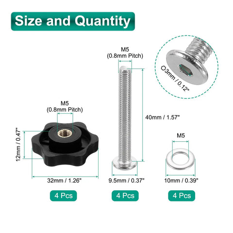 Must Have Six Star Knob Kit For Woodworking Jigs With M5 Threads Includes Four 32mm Head Knobs, Bolts, and Washers Dimensions