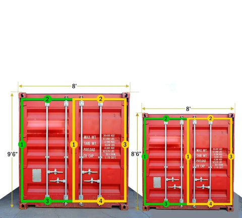 Shipping container door gasket set, 2-piece rubber door seal for 9 ft 6 in doors, shown on two container doors.