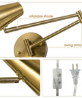 Plug In Wall Sconce Set Of 2 With Brass Swing Arm Lights for bedroom, showcasing adjustable swivel arms and plug-in cord