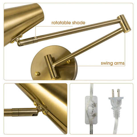 Plug In Wall Sconce Set Of 2 With Brass Swing Arm Lights for bedroom, showcasing adjustable swivel arms and plug-in cord
