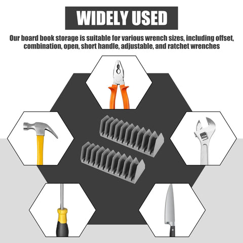 Two Pack Wrench Organizer Tray Set For Tool Box Drawers, 10 Slot Wide Pliers Rack Holds SAE And Metric Wrenches, grey trays with tool icons