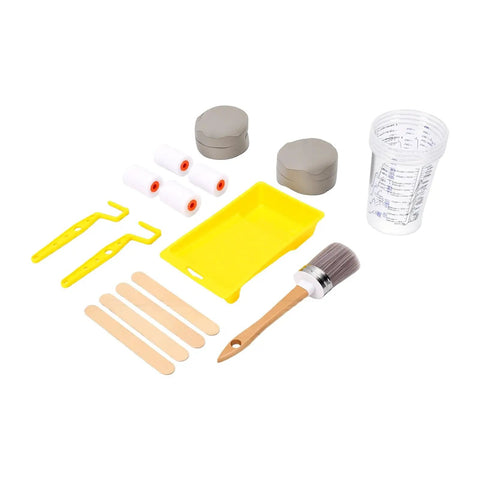 Complete Furniture Glow Up Paint Roller Kit With Mini Rollers And Sponge Brushes For Cabinet Refinishing High Density Foam Tools including paint tray and brushes.