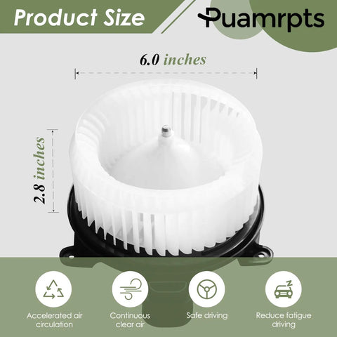 Brushless AC Heater Blower Motor for Toyota Sequoia 2008 to 2022 and Sienna 2011 to 2020 Direct Replacement HVAC Fan Assembly Fits 700298 in white plastic showing product dimensions.