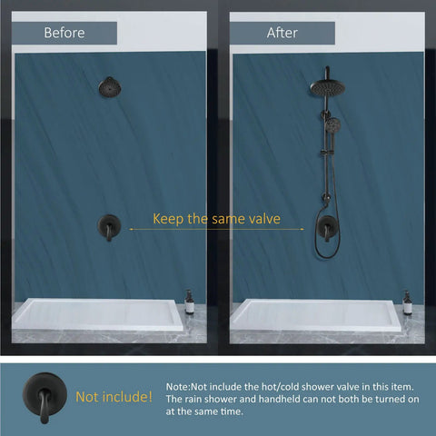 Before and after installation of Retrofit Shower System With 8 Inch Rain Shower Head And 6 Function Handheld Sprayer, Matte Black