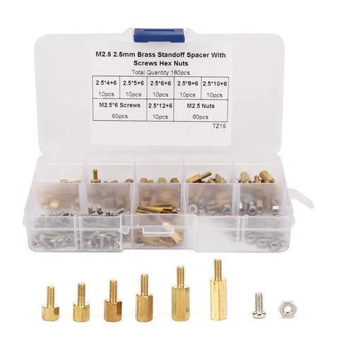 Top Shelf Carbon Steel Standoff Set Packed With Rock Solid One Way Screws And A Slick Storage Box Built For Gritty Panel Mounting Jobs And Daily Hardware Tasks Arrives In A Clean 180 Piece Bulk Kit with brass spacers and screws.