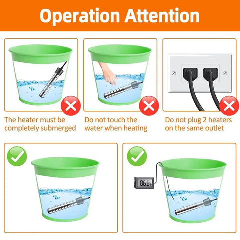 Instruction image showing operation tips for Submersible Water Heater 1500W Portable Tankless Immersion System.
