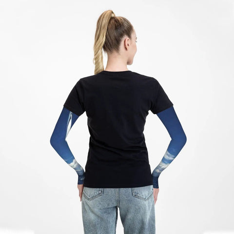 Back view of person wearing moisture wicking ice silk arm sleeves for outdoor sailing and yacht trips, style with thumb hole