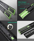 Soft Close Drawer Slides Three Section Full Extension Ball Bearing Side Mount Hardware in Steel for 12 Inch Drawers Removable Design Slow Close Easy Glide Tracks Fits Most Domestic Cabinets and Drawers shown in detail