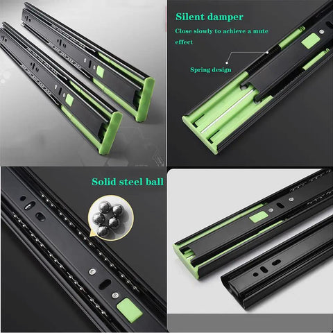 Soft Close Drawer Slides Three Section Full Extension Ball Bearing Side Mount Hardware in Steel for 12 Inch Drawers Removable Design Slow Close Easy Glide Tracks Fits Most Domestic Cabinets and Drawers shown in detail