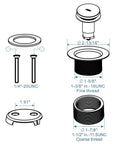 Dimensions and components of Oil Rubbed Bronze Tub Drain Conversion Kit With Tip-Toe Trim, 2-Hole Overflow Faceplate, Fine and Coarse Thread.