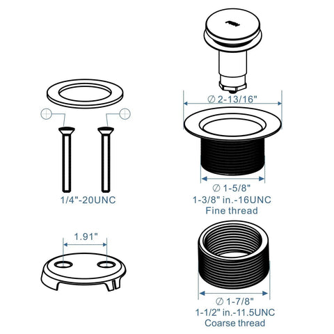 Dimensions and components of Oil Rubbed Bronze Tub Drain Conversion Kit With Tip-Toe Trim, 2-Hole Overflow Faceplate, Fine and Coarse Thread.