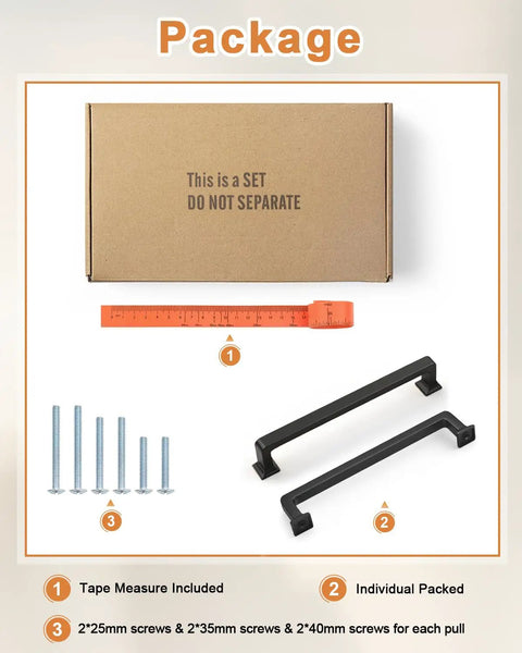 Matte Black Cabinet Pulls Pack Of 20, 5 Inch Length, 128mm Hole Center, box, screws, tape measure