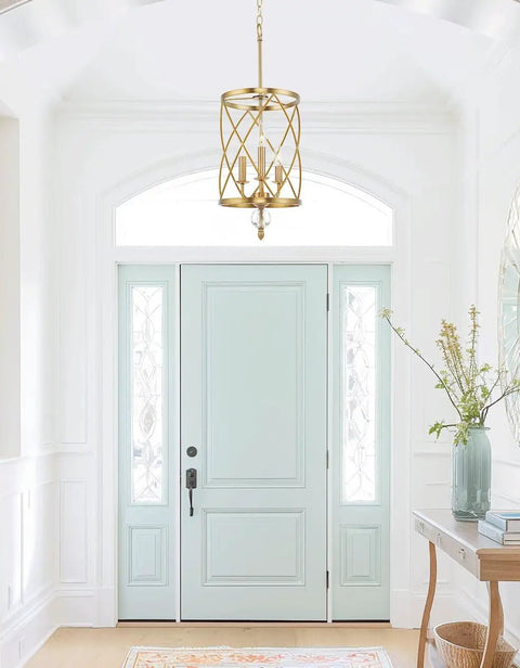 Eleanor 27 Inch Traditional 3 Light Cylinder Pendant Chandelier With Adjustable Height in Antique White Finish in foyer entrance