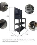Rolling Metal Workbench On Wheels With Pegboard And 22 Hooks 3 Tier Tool Storage Heavy Duty Steel Tabletop For Garage Workshop Office Or Home Perfect For Busy Shops And Home Garages With Durable Steel Construction And Easy Glide Casters