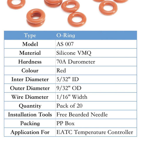 Red silicone O-rings, 5/32 in ID, 9/32 in OD, 1/16 in cross-section; pack of 20 for EATC controller