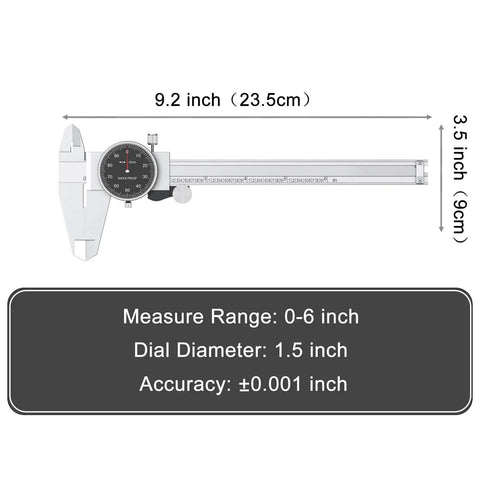 Dial Caliper With Shockproof Black Dial Face, 0-6 In Range, 0.001 In Resolution, shown with dimensions in inches