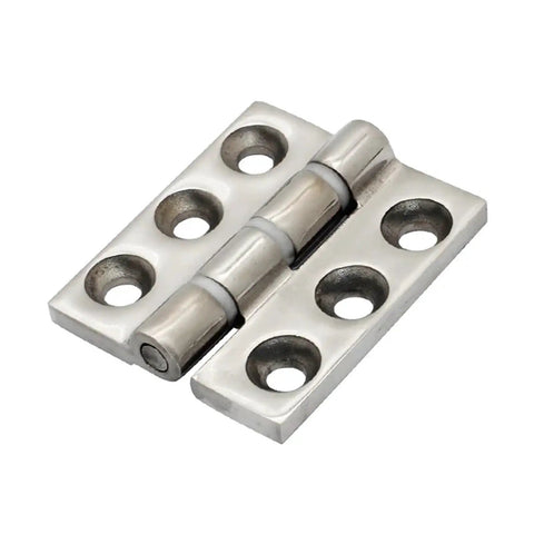Close-up of stainless steel damping silent cabinet hinge for industrial cabinets with six screw holes.