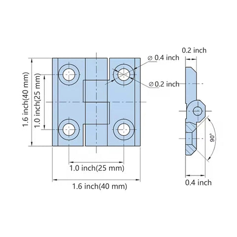 Diagram of Black Zinc Alloy Cabinet Hinges 1.6 Inch Surface Mount 2 Pack Heavy Duty Hardware For Kitchen And Furniture Doors Durable Matte Finish Easy Install With Predrilled Holes Upgrade Your Home Look showing dimensions and details