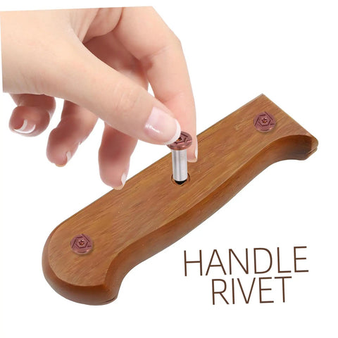 Top Shelf Stainless Steel Knife Handle Screws For Quick Blade Fabrication Featuring Straight Slot Notch Built Tough For Solid Fit On Chef Utility And Parer Knives Real Deal Supply, installing a rivet into a wooden knife handle.