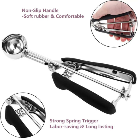 Go To 2 Tbsp Cookie Scoop Ice Cream Scooper With Trigger Release 18 8 Stainless Steel Dough Scoop non-slip handle close-up
