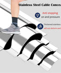 Long Stainless Steel Cord Cover Kit For Office Desks No Brainer Cable Management with foot stepping on 79 Inch Half Round Metal Raceway