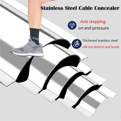 Long Stainless Steel Cord Cover Kit For Office Desks No Brainer Cable Management with foot stepping on 79 Inch Half Round Metal Raceway