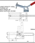 Beefy 630kg Heavy Duty Toggle Clamp For Woodworking And Metalworking with 90 Degree Handle, iron fixture, technical drawing shown