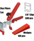 Pro Grade Tile Leveling System Kit 1/8 Inch with 500 Spacers, 100 Wedges, and 1 Floor Tile Plier Lever for quick installation.