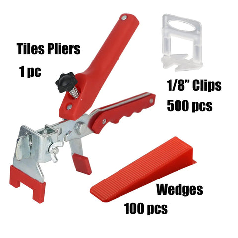 Pro Grade Tile Leveling System Kit 1/8 Inch with 500 Spacers, 100 Wedges, and 1 Floor Tile Plier Lever for quick installation.