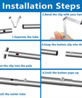 Installation steps for Stainless Steel V Shaped Pool Clip Universal Set For One And A Quarter Inch Poles, showing secure fit.