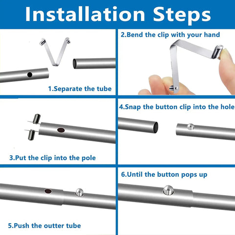 Installation steps for Stainless Steel V Shaped Pool Clip Universal Set For One And A Quarter Inch Poles, showing secure fit.