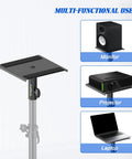 Universal 9 By 9 Inch Speaker Monitor Stand Plate For 35mm Poles shown with monitor, projector, and laptop use