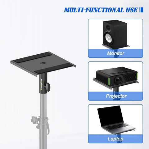 Universal 9 By 9 Inch Speaker Monitor Stand Plate For 35mm Poles shown with monitor, projector, and laptop use
