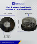 Do-It-All Stainless Steel Strainer Three Quarter Inch Inline Wire Mesh Debris Filter dimensions with mesh detail