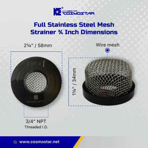 Do-It-All Stainless Steel Strainer Three Quarter Inch Inline Wire Mesh Debris Filter dimensions with mesh detail
