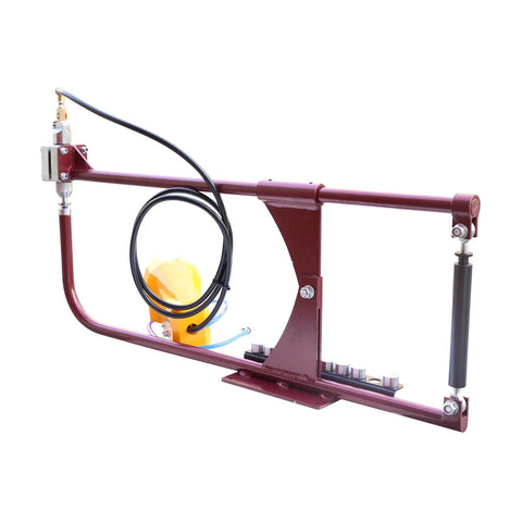 Air Powered Planishing Hammer With 24 Inch Throat, Nine Anvils, Beefy Metal Shaping Tool, side view with foot pedal and mount