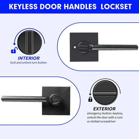 Privacy Door Levers Two Pack Black Heavy Duty Interior Door Handles For Bed And Bath Keyless Locksets with lock buttons shown